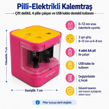 Ofisinn Masaüstü Otomatik Pilli-Elektrikli Kalemtraş Pembe + 3'lü Yedek Bıçak + 4 Adet Pil