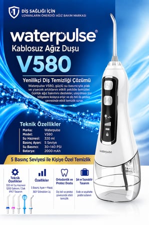 Waterpulse V580 Water Flosser Taşınabilir Şarjlı Masajlı Diş/Protez Bakım ve Ağız Duşu-Beyaz