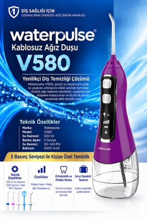 Waterpulse V580 Water Flosser Taşınabilir Şarjlı Masajlı Diş/Protez Bakım ve Ağız Duşu-Mor