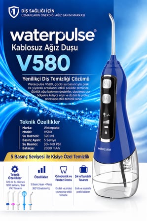 Waterpulse V580 Water Flosser Taşınabilir Şarjlı Masajlı Diş/Protez Bakım ve Ağız Duşu-Mavi