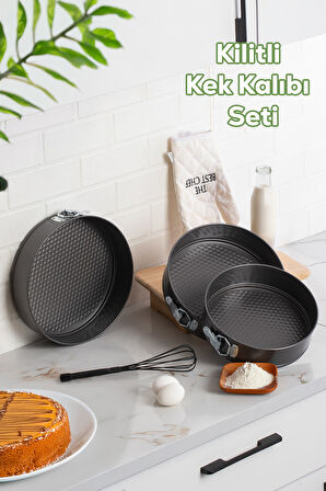 Porsima 912 3lü Yanmaz Yapışmaz Metal Kilitli Kelepçeli Yuvarlak Kek Kalıbı Seti