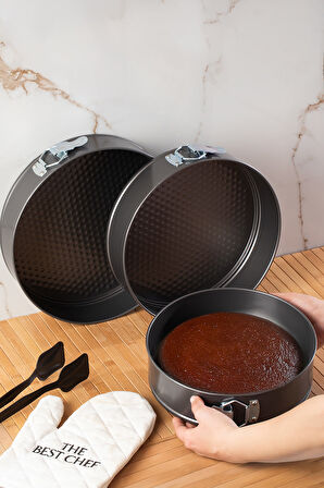 Porsima 912 3lü Yanmaz Yapışmaz Metal Kilitli Kelepçeli Yuvarlak Kek Kalıbı Seti