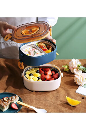 Bento 1200ml Çift Renkli Lunchbox Yeni Koleksiyon 2 Katlı Çelik Sefer Tası Yemek Kutusu