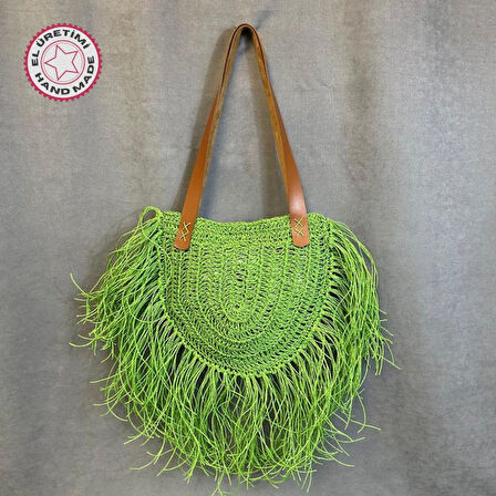 Uretti - Ayşe 4723 El Örgüsü Püsküllü Kağıt İp Kadın Omuz Çantası