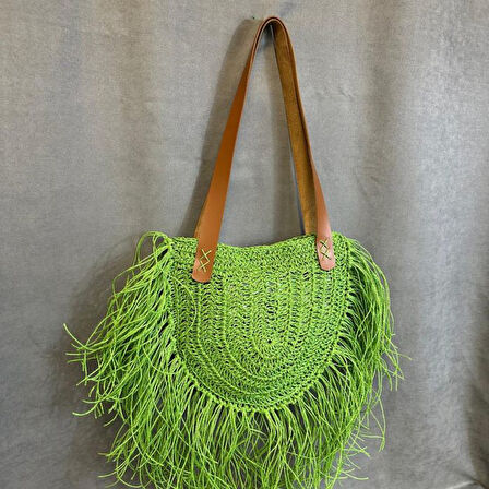 Uretti - Ayşe 4723 El Örgüsü Püsküllü Kağıt İp Kadın Omuz Çantası