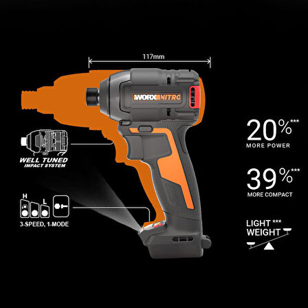 WORX WX265 20Volt 2.0Ah Li-ion Çift Akülü 200Nm Kömürsüz Profesyonel Şarjlı Darbeli Tornavida