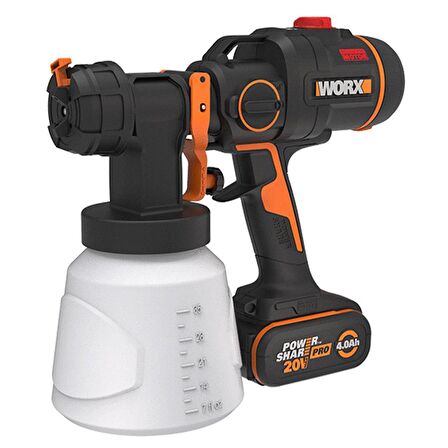 WORX WX020 20Volt 4.0Ah. Li-ion Tek Akülü Şarjlı Kömürsüz Devir Ayarlı Boya Tabancası + 4 Parça Yedek Nozul/Meme