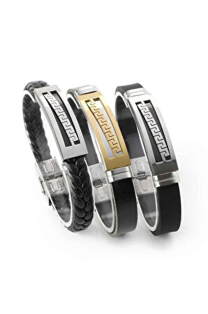 Grek Desenli Deri Kauçuk Çelik Erkek Bileklik