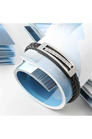 Grek Desenli Deri Kauçuk Çelik Erkek Bileklik