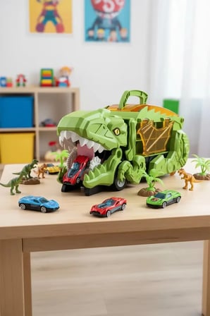 Miniso Lisanslı Dönüşüm Dinozor Serisi Pisti Düzenleme Aracı Yeşil – 2’si 1 Arada Arabalı Taşıma Çantası ve Dönüşebilir Oyun Seti 35,5 Cm
