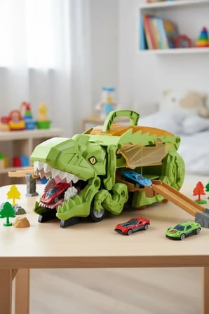 Miniso Lisanslı Dönüşüm Dinozor Serisi Pisti Düzenleme Aracı Yeşil – 2’si 1 Arada Arabalı Taşıma Çantası ve Dönüşebilir Oyun Seti 35,5 Cm