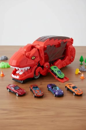 Miniso Lisanslı Dönüşüm Dinozor Serisi Pisti Düzenleme Aracı Kırmızı – 2’si 1 Arada Arabalı Taşıma Çantası ve Dönüşebilir Oyun Seti 35,5 Cm