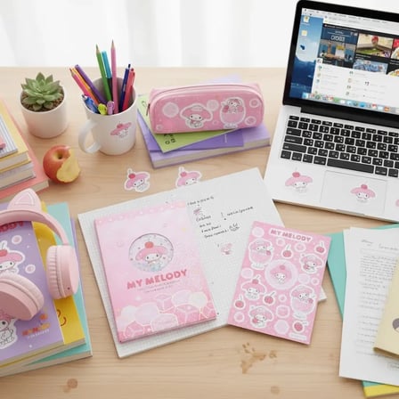 Sanrio Lisanslı My Melody Renkli Yaz Serisi Sert Kapak Kareli Sallantılı Not Defteri ve Sticker Seti – 80 Sayfa 17.4 Cm