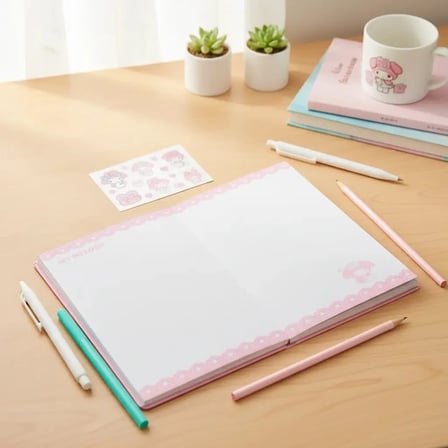 Sanrio Lisanslı My Melody Renkli Yaz Serisi Sert Kapak Kareli Sallantılı Not Defteri ve Sticker Seti – 80 Sayfa 17.4 Cm