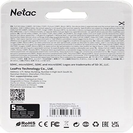 Netac 32GB Microsdhc Hafıza Kartı V10/A1/C10 NT02P500PRO-032G-R