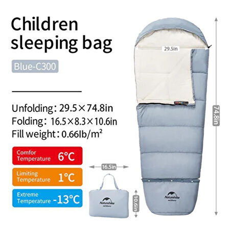 Naturehike C300 UltraLight Pamuklu Uyku Tulumu -13°C ( Çocuk ) MAVİ-Right