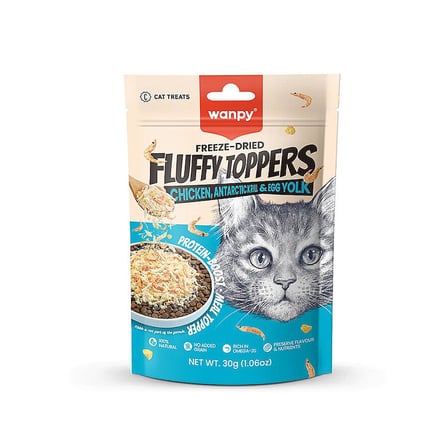 Wanpy Fluffy Topper Dondurularak Kurutulmuş Tavuk Karides ve Yumurta Sarılı Kedi Ödül Maması 30 gr