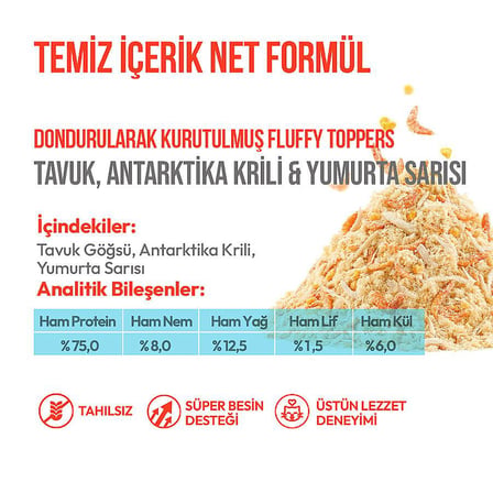 Wanpy Fluffy Topper Dondurularak Kurutulmuş Tavuk Karides ve Yumurta Sarılı Kedi Ödül Maması 30 gr
