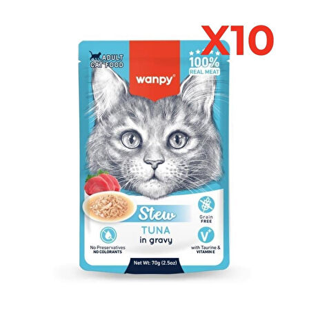 Wanpy Stew Pouch Ton Balıklı Yaş Kedi Maması 70g 10'lu Paket 