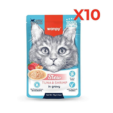 Wanpy Stew Pouch Ton Balıklı Karidesli Yaş Kedi Maması 70g 10'lu Paket