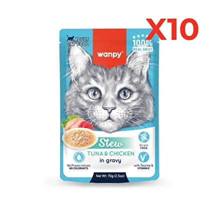 Wanpy Stew Pouch Ton Balıklı Tavuklu Yaş Kedi Maması 70g 10'lu Paket