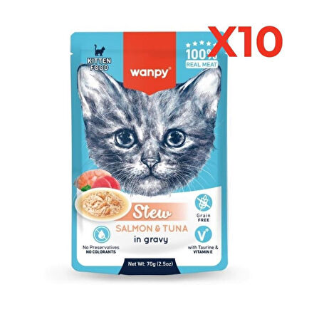 Wanpy Stew Pouch Ton Balıklı Somonlu Yaş Kedi Maması 70g 10'lu Paket