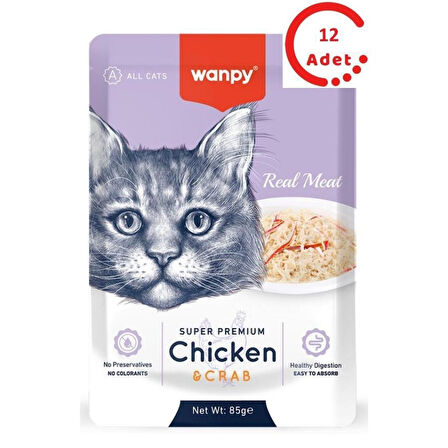 Wanpy Pouch Tavuklu & Yengeçli Yaş Kedi Maması 85 gr x 12 Adet