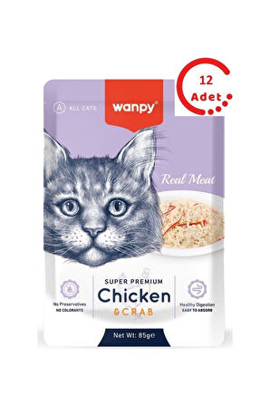 Wanpy Pouch Tavuklu & Yengeçli Yaş Kedi Maması 85 gr 12 Adet