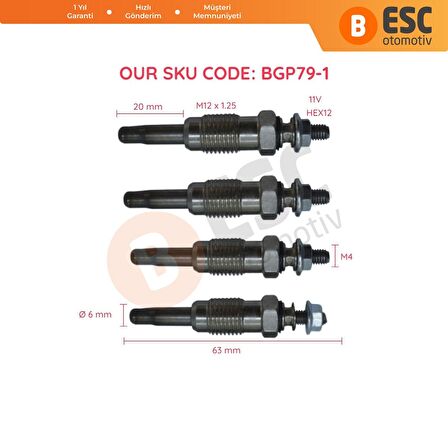 4 Adet Isıtma Bujisi 11 Volt 7700867617, GN959, 0100226237, 0 250 201 050, Y933J