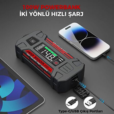 Lokithor J402 12V 3000Amp Li-Polimer Akıllı Akü Takviye + Powerbank + Led Lamba