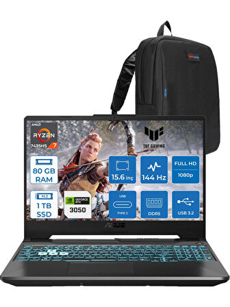 Asus Tuf Gaming A15 FA506NCR Amd Ryzen 7 7435HS 80GB 1tb SSD RTX3050 4gb 15.6" Fhd IPS 144HZ Freedos Taşınabilir Bilgisayar HN034F26 + Zetta Çanta