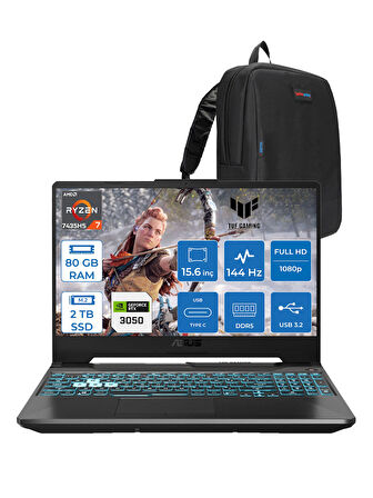 Asus Tuf Gaming A15 FA506NCR Amd Ryzen 7 7435HS 80GB 2tb SSD RTX3050 4gb 15.6" Fhd IPS 144HZ Freedos Taşınabilir Bilgisayar HN034F27 + Zetta Çanta