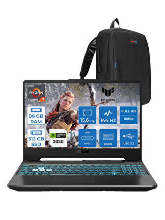 Asus Tuf Gaming A15 FA506NCR Amd Ryzen 7 7435HS 96GB Ddr5 512GB SSD RTX3050 4gb 15.6" Fhd IPS 144HZ Freedos Taşınabilir Bilgisayar HN034F29 + Zetta Çanta