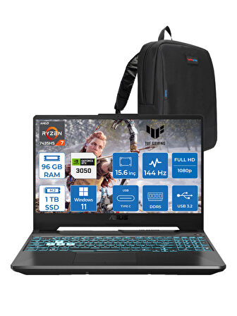 Asus Tuf Gaming A15 FA506NCR Amd Ryzen 7 7435HS 96GB Ddr5 1tb SSD RTX3050 4gb 15.6" Fhd IPS 144HZ Windows 11 Home Taşınabilir Bilgisayar HN034H30 + Zetta Çanta