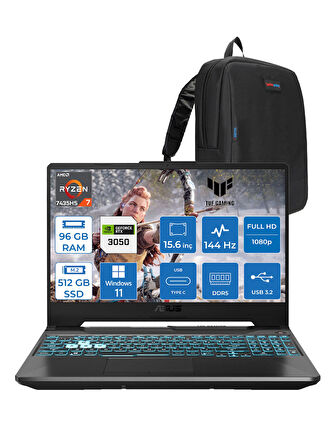 Asus Tuf Gaming A15 FA506NCR Amd Ryzen 7 7435HS 96GB Ddr5 512GB SSD RTX3050 4gb 15.6" Fhd IPS 144HZ Windows 11 Pro Taşınabilir Bilgisayar HN034P29 + Zetta Çanta