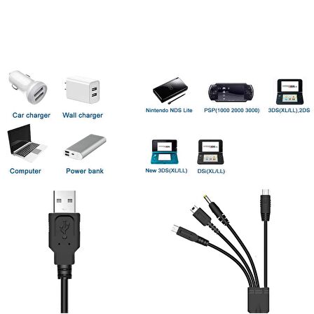 Nintendo 3ds,Dsi,Ds,Ds Lite ve Psp Uyumlu 4in1 Usb Şarj Kablosu Siyah