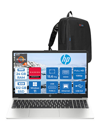 Hp 255 G10 Amd Ryzen 5 7530U 24GB 512GB SSD Amd Radeon Grafik Windows 11 Home 15.6" Taşınabilir Bilgisayar 9G1G0ETH12 + Zetta Çanta