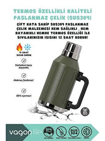 Vagonlife Çelik Termos 1200 ml Yeşil