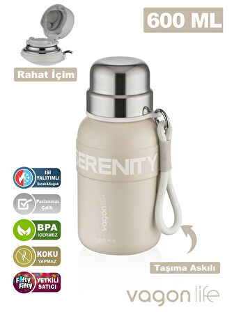 Vagonlife Çelik Termos Matara 600 ml Krem