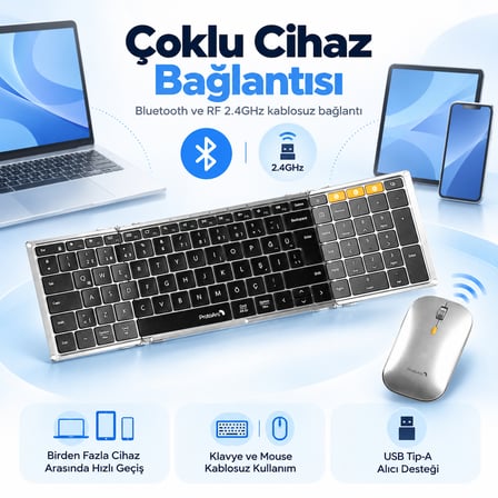 ProtoArc XKM01 Siyah-Gümüş Kablosuz Klavye Mouse Seti (CP016850)