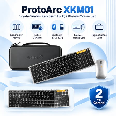ProtoArc XKM01 Siyah-Gümüş Kablosuz Klavye Mouse Seti (CP016850)