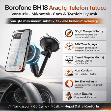Borofone BH18 Araç İçi Telefon Tutucu Vantuzlu Mıknatıslı Cam ve Torpido Uyumlu