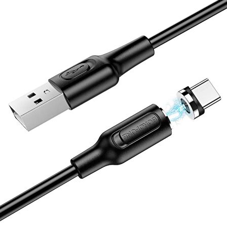 Type C  Manyetik Mıknatıs Uçlu iPhone 15 Serisi Uyumlu 1 Metre Şarj Kablosu Siyah Renk USB&TYPE c 3A Şarj Kablo BX41