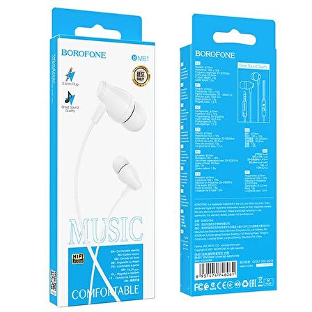 Borofone BM61 Kulak içi Stereo 3.5mm Jack Universal Kulaklık BEYAZ