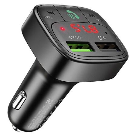 HOCO E59 Dijital Göstergeli Kablosuz Araç içi FM Transmitter + USB Hızlı Şarj Aleti SİYAH