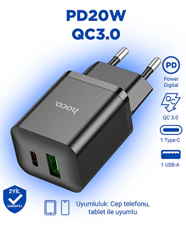 Hoco N28 Founder Tek Type-C 20W ve Tek Usb-A 18W Portlu Şarj Adaptörü