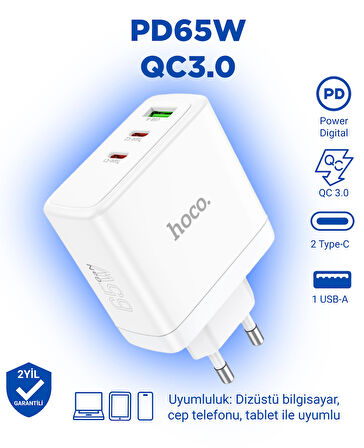 N30 PD65W + QC3.0 USB-C + USB-A Hızlı Şarj Adaptörü