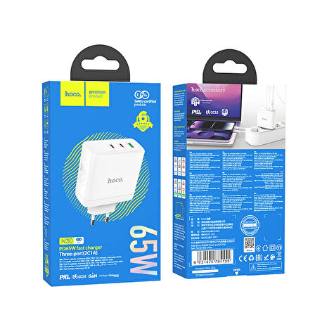 N30 PD65W + QC3.0 USB-C + USB-A Hızlı Şarj Adaptörü