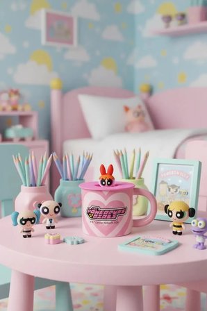 Powerpuff Girls Lisanslı Blossom Kapaklı Seramik Bardak Pembe 340 mL 8 Cm