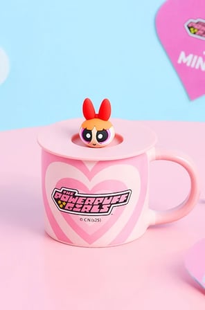 Powerpuff Girls Lisanslı Blossom Kapaklı Seramik Bardak Pembe 340 mL 8 Cm